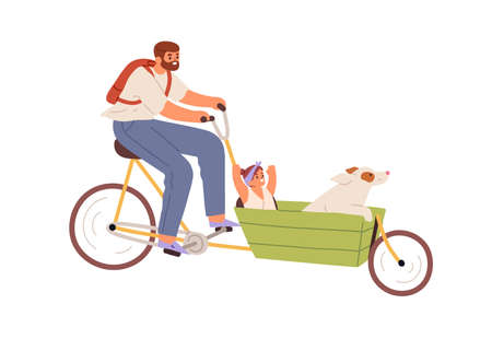 Happy father riding cargo bicycle with child and dog in carriage. Dad cycling bike with kid. Daddy together with daughter and pet at leisure. Flat vector illustration isolated on white backgroundのイラスト素材