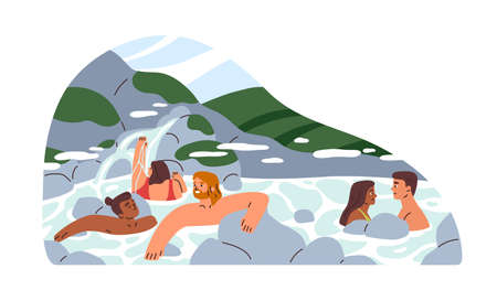 Happy people relaxing and bathing in hot springs of natural public SPA resort. Human health recreation park with thermal waters in nature. Flat vector illustration isolated on white backgroundのイラスト素材