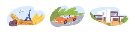 Set of summer holiday scenes about traveling by air plane to visit landmarks, person at road trip by car and home building. Tourism concept. Flat vector illustration isolated on white backgroundのイラスト素材