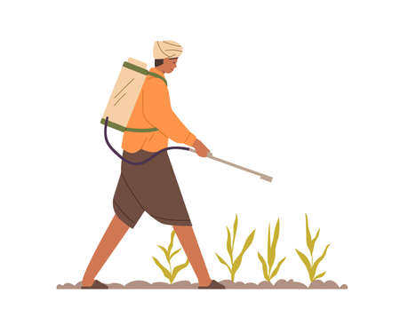 Indian farmer working on farm field, spraying fertilizer on soil and plants. Agriculture worker with pest equipment on plantation in India. Flat vector illustration isolated on white backgroundのイラスト素材