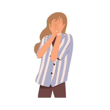 Shy embarrassed woman hiding face out of shame. Frightened person feeling fear. Disappointed female. Expression of negative emotions after fail. Flat vector illustration isolated on white backgroundのイラスト素材