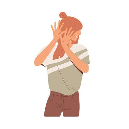 Embarrassed woman hiding her face behind hands, feeling disgust, fear and shame. Frightened sensitive person with unpleasant emotion. Colored flat vector illustration isolated on white backgroundのイラスト素材