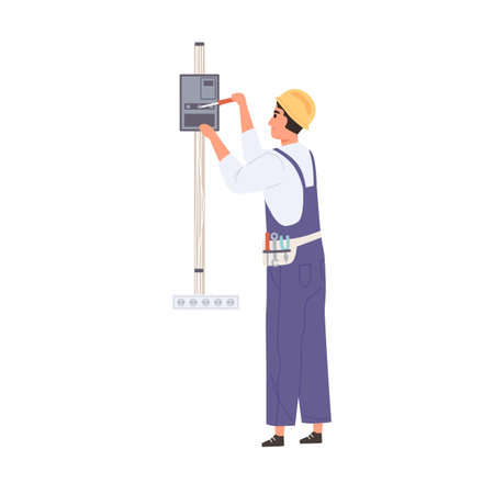 Electrician working with electricity and switchboard, repairing and fixing electrical wiring system. Worker work with electric wires, cables and tools. Flat vector illustration isolated on whiteのイラスト素材