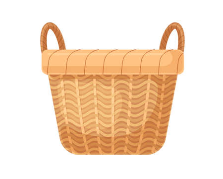 Empty straw wicker basket with handles. Woven braided basketwork without lid. Realistic wickerwork for home interior. Colored flat vector illustration of basketry isolated on white backgroundのイラスト素材