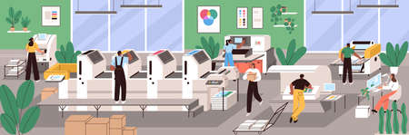 Polygraphy industry. Production process in printing house. Modern printshop company with equipment. People in prepress office with paper machine and printer. Flat vector illustration of typographyのイラスト素材