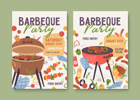 Flyer templates for summer BBQ party. Ad poster designs with barbecue grills and food. Vertical invitation cards for outdoor barbeque picnic. Flat vector illustration of advertisement fliersのイラスト素材