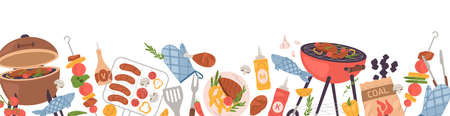 Border with BBQ party food. Long banner with barbecue grill, roasted meat, vegetables, sausages, braziers, tools on white background. Barbeque stuff and place for text. Flat vector illustrationのイラスト素材