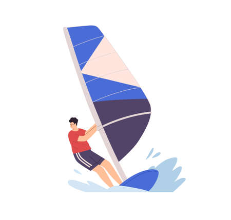 Man windsurfing, standing on board with sail on waves. Windsurfer riding and surfing sailboard. Boardsailing, extreme summer water sport. Flat vector illustration isolated on white backgroundのイラスト素材
