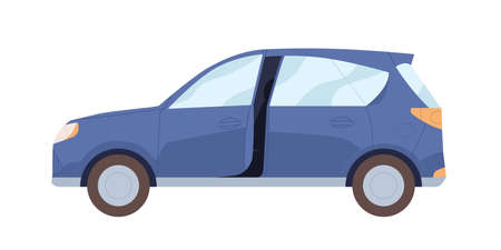 Side view of blue car with open door. New modern auto. Hatchback automobile. Road vehicle. Flat cartoon vector illustration of motor transport isolated on white backgroundのイラスト素材
