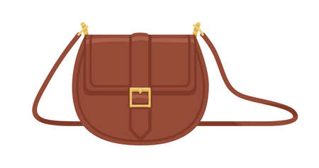 Women fashion crossbody saddle bag with shoulder strap. Modern small leather flap handbag with golden buckle. Stylish female accessory. Flat vector illustration isolated on white backgroundのイラスト素材