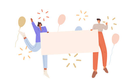 Happy people holding blank banner with place for text. Cheerful man and woman with empty placard in hands. Male and female at demonstration. Flat vector illustration isolated on white backgroundのイラスト素材