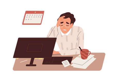 Tired sick man at work. Exhausted overworked employee at office desk. Concept of burnout and overload. Colored flat vector illustration of fatigue manager with headache isolated on white backgroundのイラスト素材