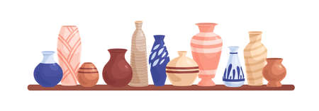 Pottery objects on shelf. Ceramic and porcelain flower vases, clay pots, and earthen vessels composition. Crockery and earthenware items. Flat cartoon vector illustration isolated on white backgroundのイラスト素材