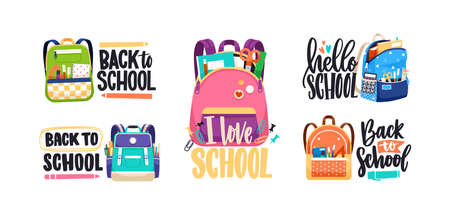 Lettering compositions set with schoolbags and Back to School text. Bags and backpacks packed with...