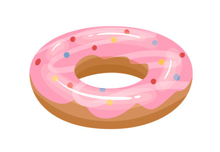 Donut-shaped inflatable rubber ring for fun and swimming in water. Glazed doughnut toy for pool and sea. Flat vector illustration of childish funny item isolated on white backgroundのイラスト素材