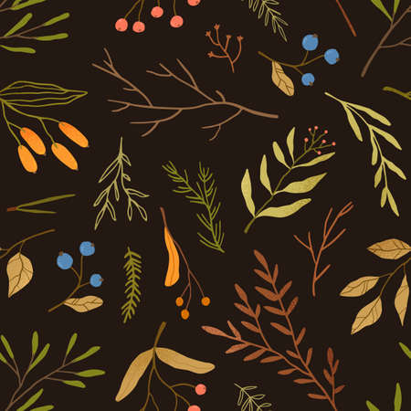 Autumn season botany flat vector seamless pattern. Dried leaves and branches texture. Blueberries twigs on black background. Fall season herbarium texture. Forest berries textile, wallpaper designのイラスト素材
