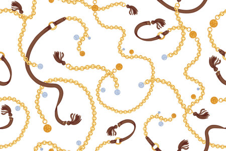 Stylish seamless pattern with luxury golden chain belts decorated by charms and leather tassels on...