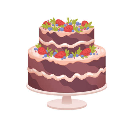 Chocolate sponge cake on plate for birthday or wedding anniversary party. Layered sweet dessert decorated with cream and berries, strawberries. Flat vector illustration isolated on white backgroundのイラスト素材