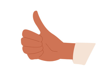 Black-skinned hand of man showing thumb up gesture, approving smth. OK, Like and Yes sign. Good positive feedback. Concept of agreement. Colored flat vector illustration isolated on white backgroundのイラスト素材