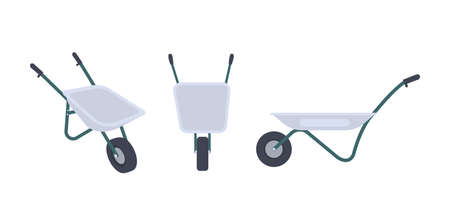 Bundle of wheelbarrows isolated on white background. Front and side views. Modern gardening tool or agricultural implement used in horticulture and plant cultivation. Flat cartoon vector illustrationのイラスト素材