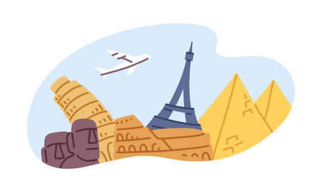 Plane traveling over different famous landmarks. Tourism and excursions concept. Holiday journey by airplane. Aircraft over buildings, monuments. Flat vector illustration isolated on white backgroundのイラスト素材