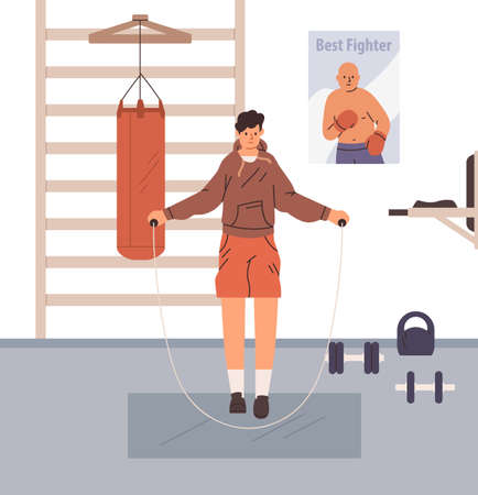 Person jumping with skipping rope in gym. Boxer doing cardio exercises and warmup before workout. Athlete warming up for training and working out in box club. Flat vector illustrationのイラスト素材
