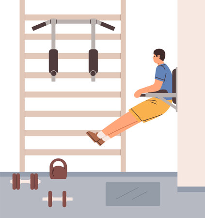 Man doing vertical crunches for abs on Hanging Leg Raises Machine. Person training abdominal muscles on Roman Chair workout frame in gym. Guy working out on workstation. Flat vector illustrationのイラスト素材