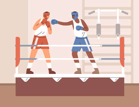 Men boxers fighting on boxing ring in gym. Sparring of box opponents in helmets and gloves. Fighter punching his opponent during battle. Colored flat vector illustration of athletes at wrestling matchのイラスト素材