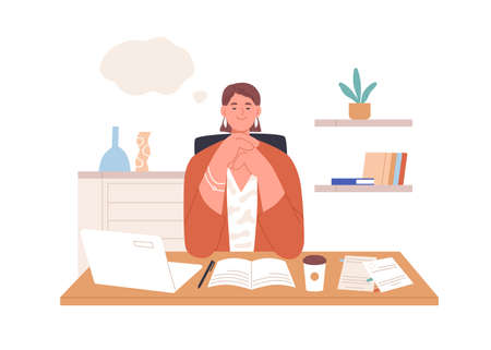 Happy relaxed person dreaming at work in office. Inspired creative employee resting and thinking, imagining smth in thought bubble and writing. Flat vector illustration isolated on white backgroundのイラスト素材