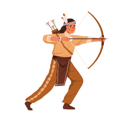 Native Indian American archer shooting with bow and arrows. Traditional man hunter from West America. Redskin bowman with feathers during archery. Flat vector illustration isolated on white backgroundのイラスト素材
