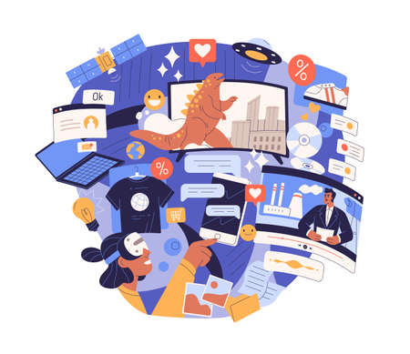 Information overload and excess concept. Surfing internet with lot of info chaos, flow of digital trash and online data flood in social media. Flat vector illustration isolated on white backgroundのイラスト素材