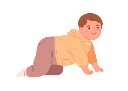 Happy baby crawling. Cute little child moving on his hands and knees. Joyful smiling kid. Portrait of adorable lovely boy. Flat vector illustration isolated on white backgroundのイラスト素材