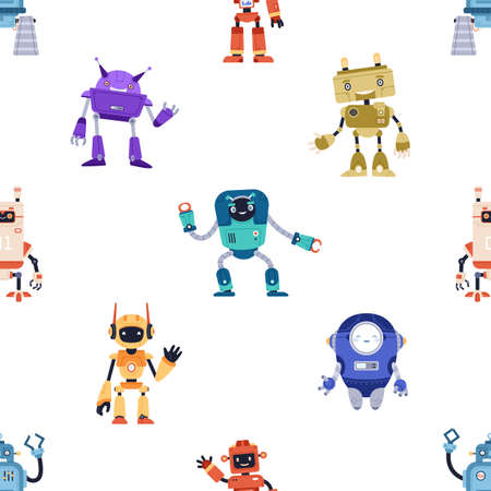 Seamless childish pattern with cute robot toys on white background. Endless repeating texture with funny cyborgs and bots for kids. Flat cartoon vector illustration of backdrop design for printingのイラスト素材