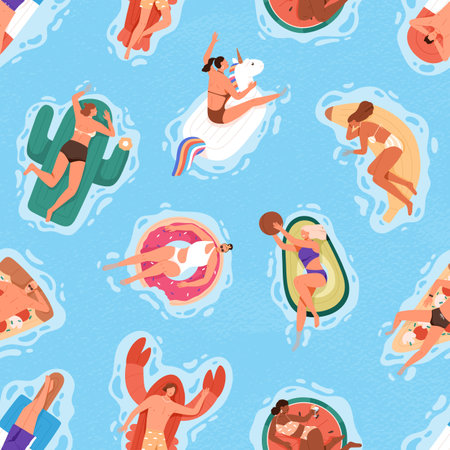 Seamless summer pattern with happy people in pool, floating and swimming on rubber rings. Repeating background with man and woman in swimsuits relaxing on water. Flat vector illustration for printingのイラスト素材