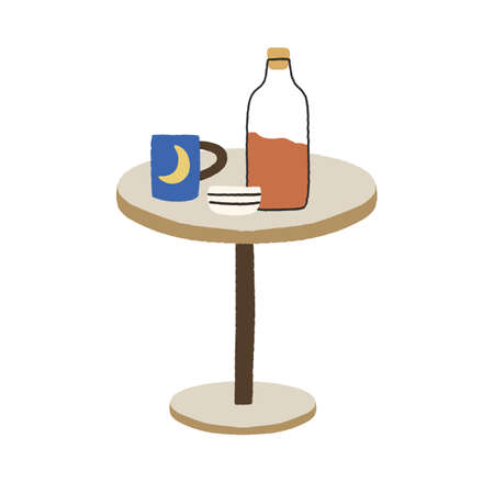 Cold drink in corked glass bottle of juice, tea cup, mug on coffee table. Homemade refreshing lemonade. Flat vector illustration of beverage isolated on white backgroundのイラスト素材