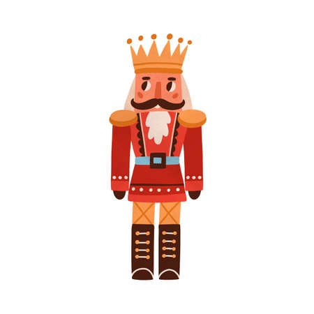 Nutcracker, vintage Christmas toy. Festive Xmas doll of cute English man with mustache in crown in...