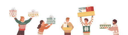 Happy people with Christmas gifts. Set of merry man and woman holding and carrying wrapped New Year present boxes. Giftboxes for winter holidays. Flat vector illustration isolated on white backgroundのイラスト素材