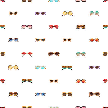 Seamless pattern with modern and retro sunglasses on white background. Repeating backdrop with rows of fashion women sun glasses. Endless texture with stylish trendy eyewear. Flat vector illustrationのイラスト素材