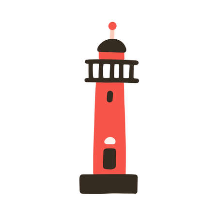 Lighthouse building in doodle style. Sea coast architecture. Marine nautical coastal tower. High light house. Colored flat vector illustration isolated on white backgroundのイラスト素材