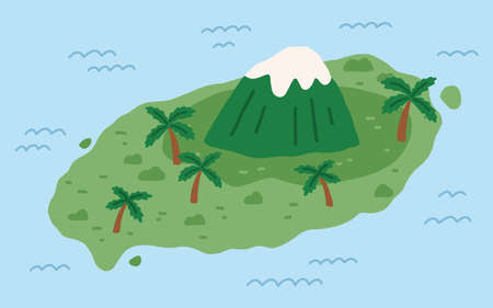 High mountain peak on remote Korean island with palm trees. Jeju Do landmark in Korea. Land and Hallasan among sea water. Jejudo landscape. Flat vector illustration of Halla volcano mountのイラスト素材