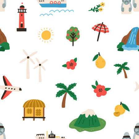 Seamless Korean pattern with Jeju islands landmarks on white background. Travel Korea, repeating backdrop with mountains, waterfall, lighthouse, fruits, plane and harubang. Flat vector illustrationのイラスト素材