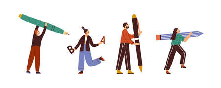People writing, hold pencils and pens in hands. Set of writers, journalists, editors, copywriters, creators drawing, handwriting and creating sth. Flat vector illustration isolated on white backgroundのイラスト素材