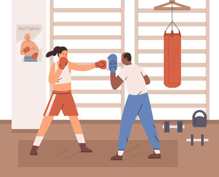 Woman boxing with trainer in gym. Box coach with handheld pad and boxer punching in it with fist in glove. Workout of female fighter. Instructor working out with athlete. Flat vector illustrationのイラスト素材