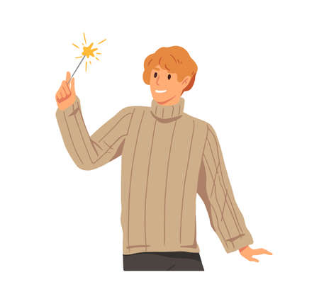 Happy man with festive sparkler in hand, celebrate winter holidays. Person and firework stick for Christmas celebration. Guy hold bengal light with sparks. Flat vector illustration isolated on whiteのイラスト素材
