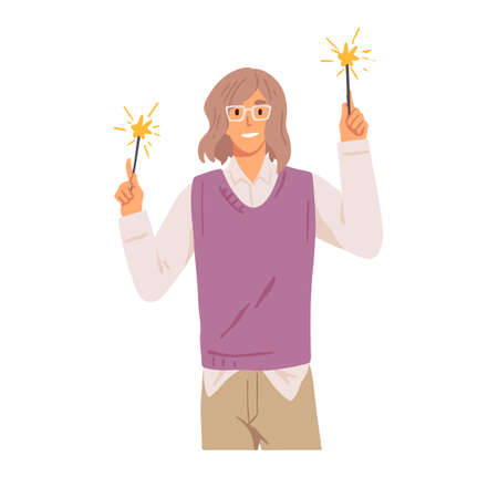 Happy man with festive sparklers in hands, celebrate winter holidays. Office worker holding burning fireworks, bengal lights with sparks. Flat vector illustration isolated on white backgroundのイラスト素材
