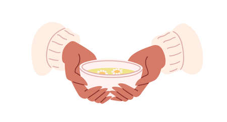 Hands holding hot chamomile tea bowl. Herbal camomile beverage with flowers in cup. Woman in sweater warming palms with teacup. Teatime concept. Flat vector illustration isolated on white backgroundのイラスト素材