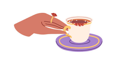 Elegant hand taking hot tea cup from saucer. Noble female fingers holding gold handle of small porcelain teacup with herb leaf. Teatime concept. Flat vector illustration isolated on white backgroundのイラスト素材