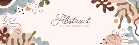 Modern banner with abstract leaf, plants, organic geometric shapes and blots. Horizontal background design with trendy botanical pattern with doodle leaves, blobs and dots. Flat vector illustrationのイラスト素材