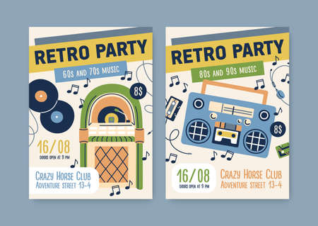 Posters templates for retro music parties of 60s, 70s, 80s and 90s. Promo flyers designs for nostalgic musical events. Ad placards with vinyl, turntable and boombox. Flat vector illustrationsのイラスト素材