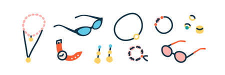 Women accessories set. Gold rings, necklaces, earrings, bracelets, pendants, watches and summer...